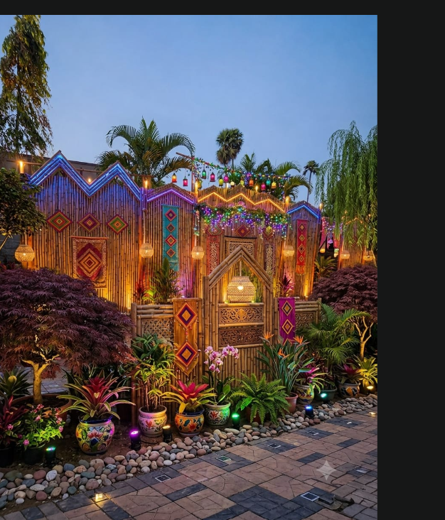 Neon-rimmed bamboo wall with tapestry panel backdrop
