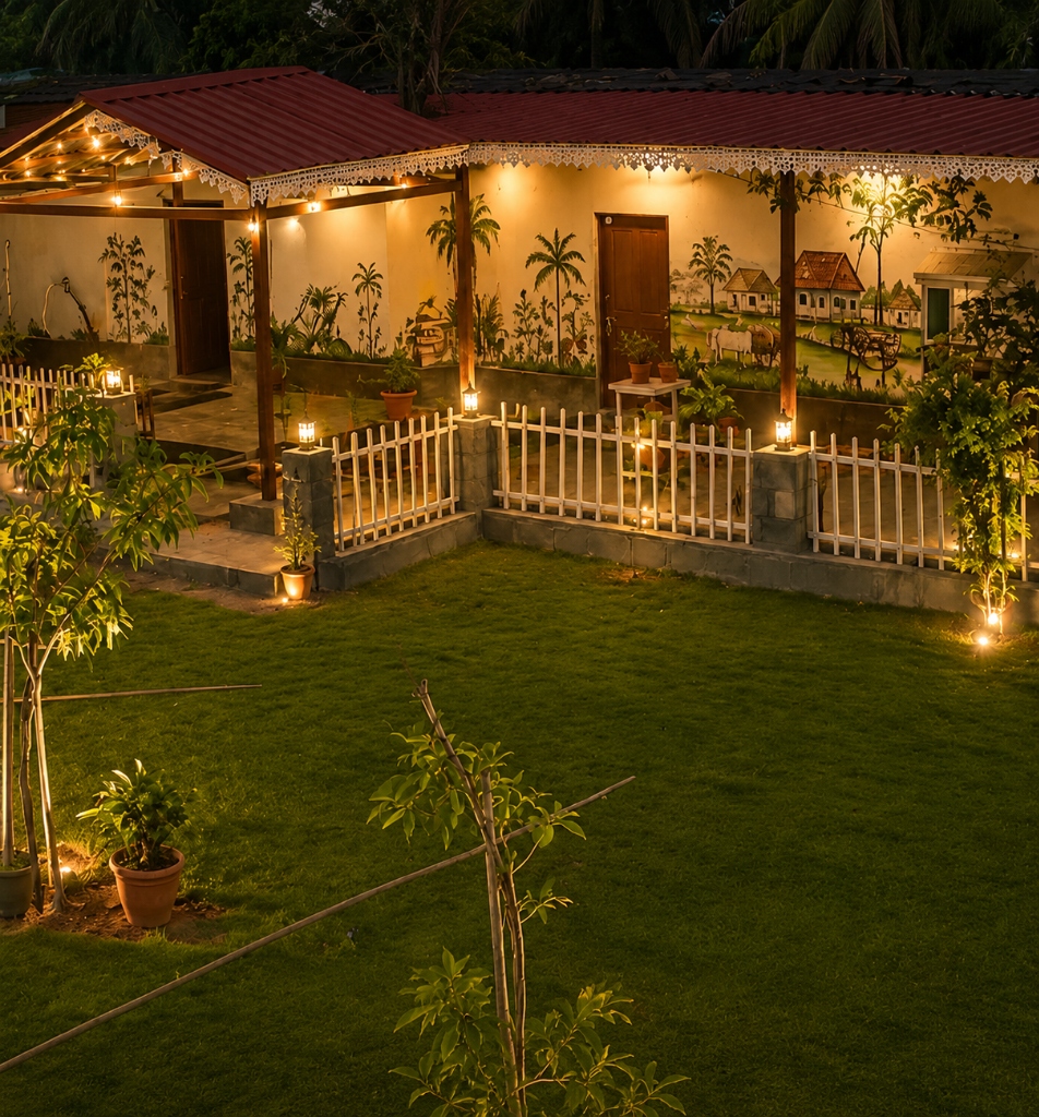 Rustic farmhouse facade showing hand-painted village mural and lawn lights