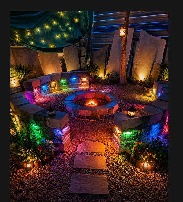 Circular sunken firepit lounge under fairy lights