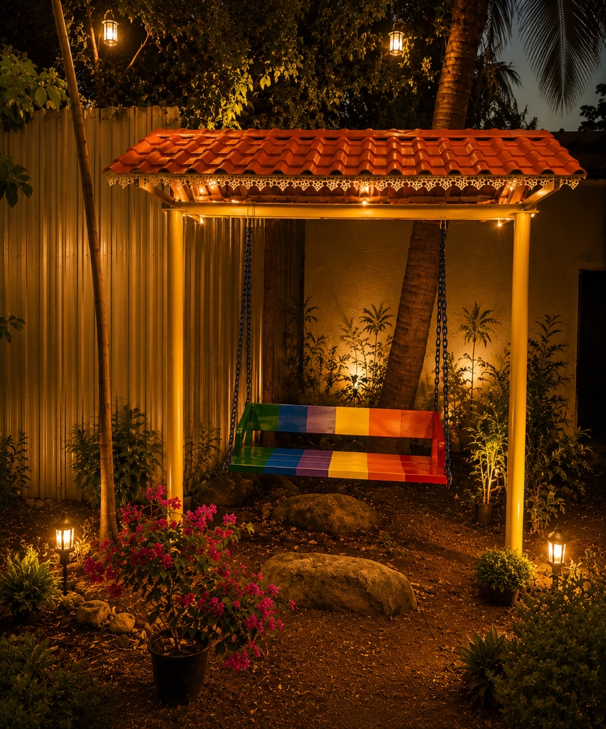 Traditional tiled-roof garden swing set in a tranquil illuminated nook